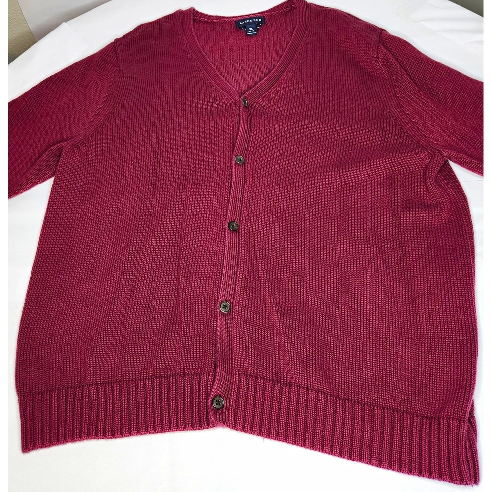 Lands' End Men's Burgundy V-Neck Button Front Knit Cardigan Sweater XL